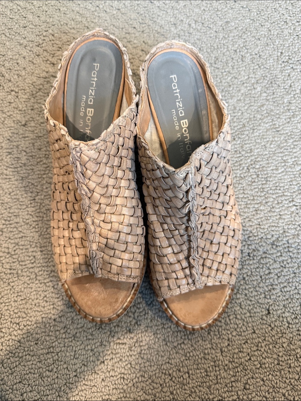 Woven Leather Open-Toe Mules in Taupe